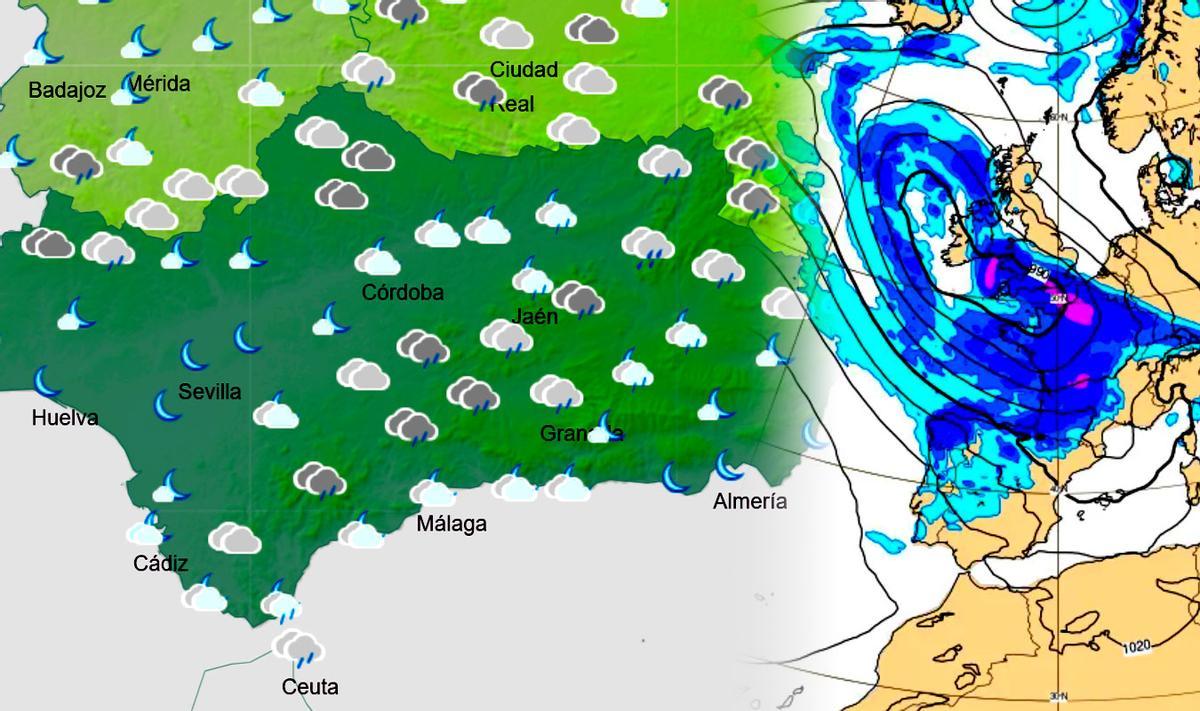Imagen de la previsión de Aemet el jueves de madrugada en Andalucía.