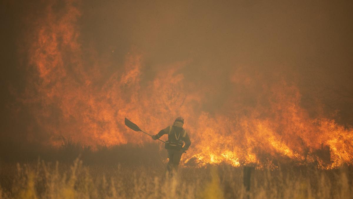 Un operario en la boca del incendio de La Sierra de la Culebra.
