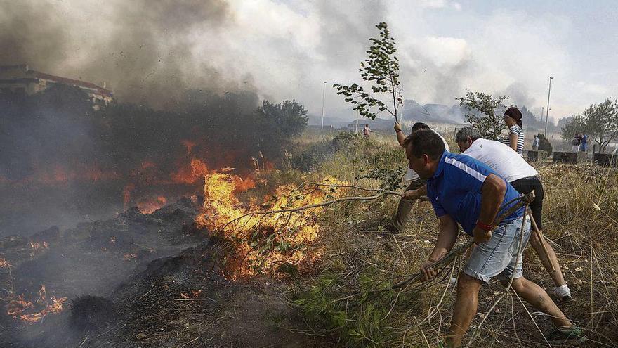 Vecinos tratan de sofocar las llamas en el incendio de Arribes.