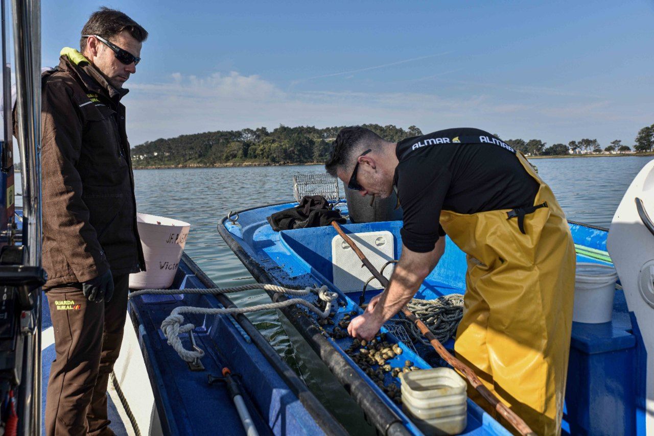Mariscadores a flote (rañeiros) en el entorno de A Toxa (O Grove).