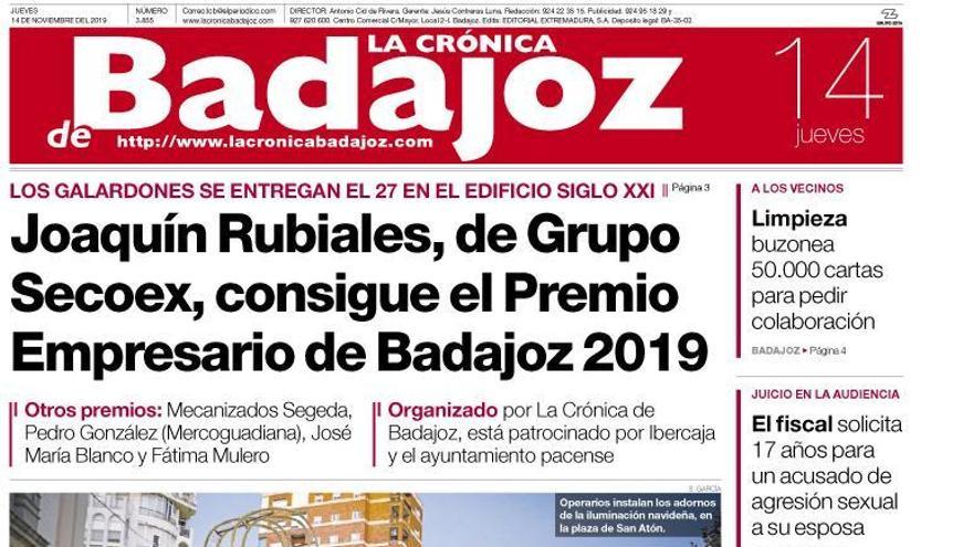 Esta es la portada de LA CRÓNICA DE BADAJOZ correspondiente al día 14 de noviembre del 2019