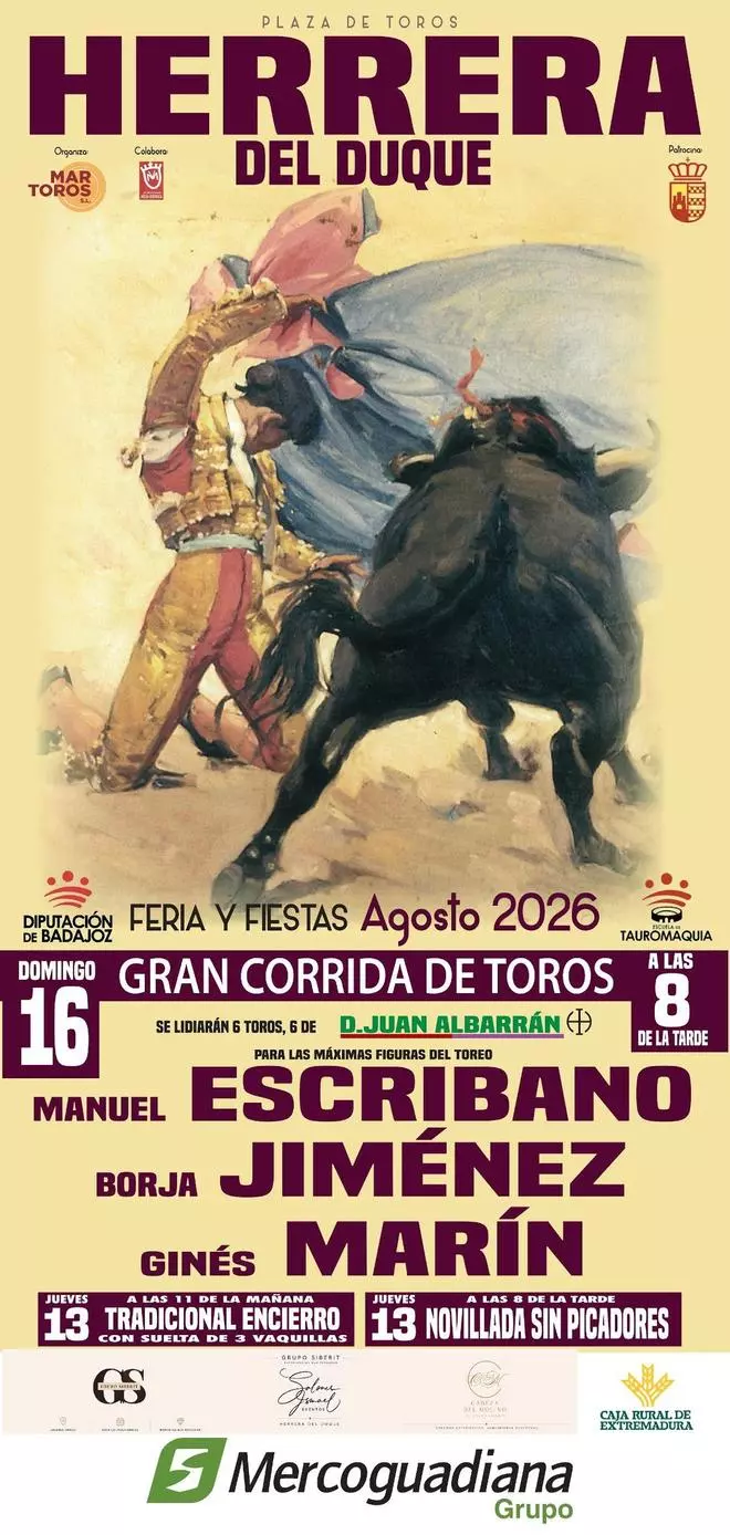 Herrera del Duque celebrará su Feria Taurina con figuras como Manuel Escribano, Borja Jiménez y Ginés Marín