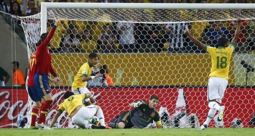 Brazil's Fred scores a goal against Spain during their Confederations Cup final soccer match at the Estadio Maracana in Rio de Janeiro