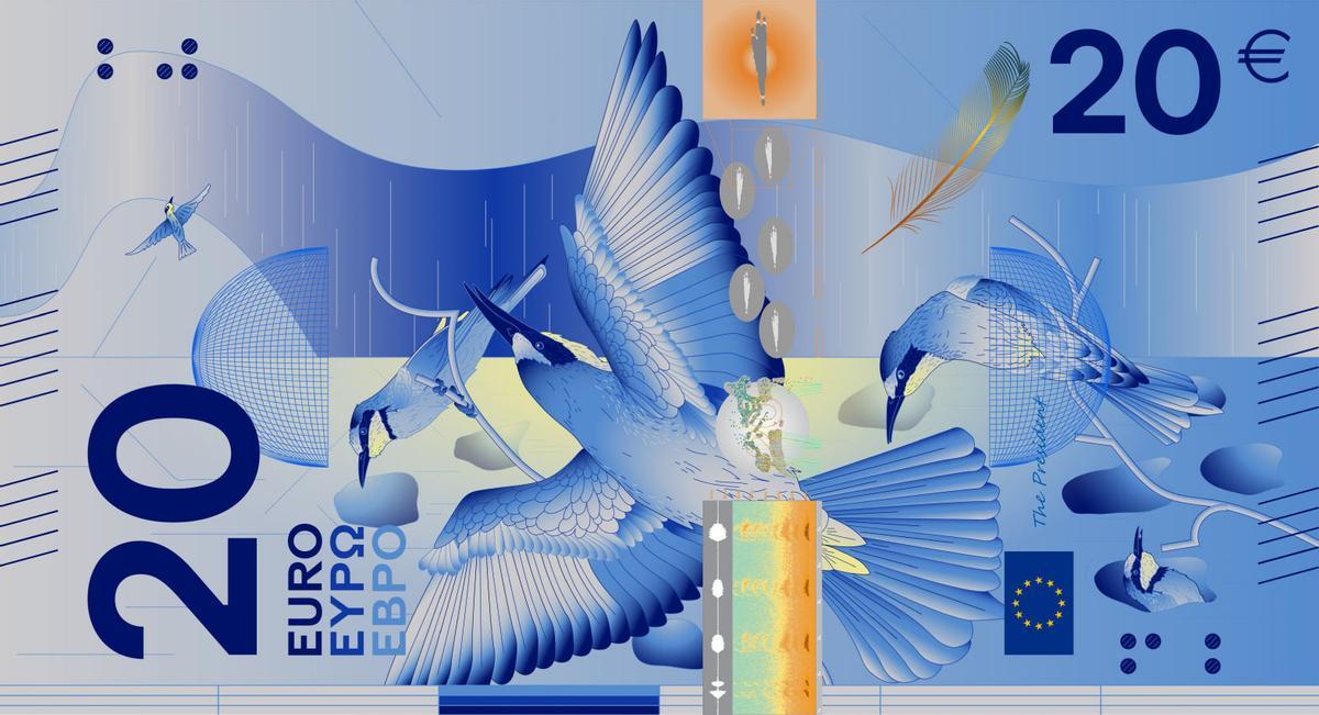 Diseño del billete de 20 euros en el que se ve al Abejaruco y su presencia sobre el mapa de Europa, sus huellas y las ondas de sonido de su canto.