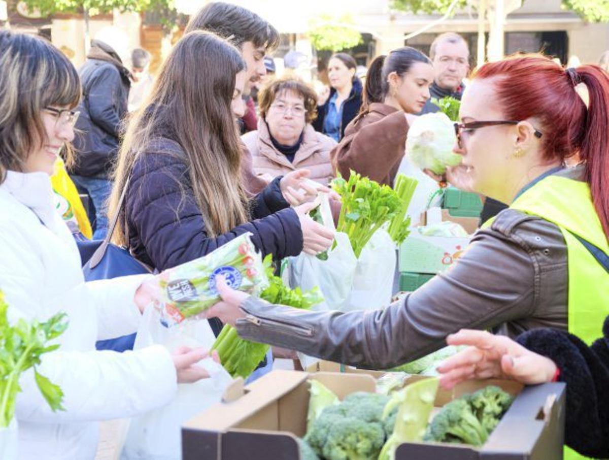 Numerosas personas acudieron a la Plaza Belluga de la capital al reparto de producto.