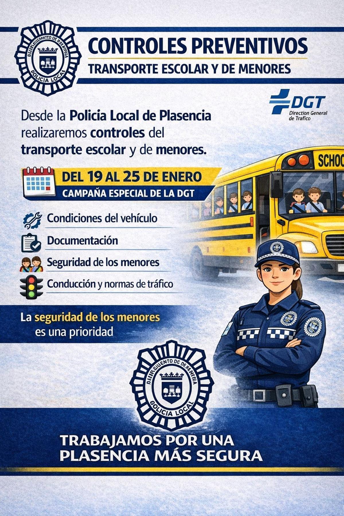 Cartel de los nuevos controles preventivos de la Policía Local de Plasencia.