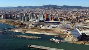 Vista aérea de las obras del Fòrum, una de las grandes actuaciones en la ciudad en las que participó Barcelona Regional.