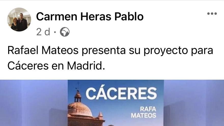 Carmen Heras bromea con que Rafa Mateos presente su proyecto para Cáceres en Madrid