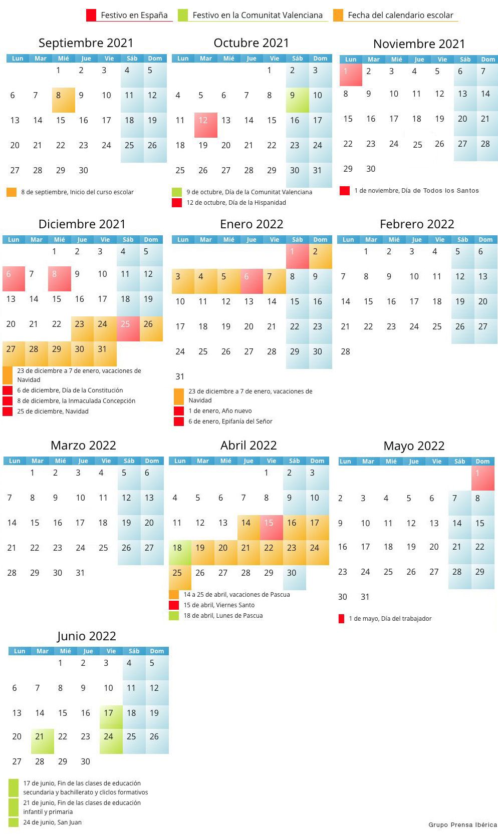 Calendario escolar del curso 2021-22 en Castellón: festivos y puentes - El  Periódico Mediterráneo