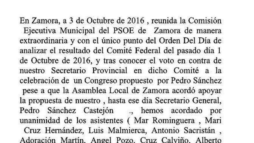 Carta de la Ejecutiva local de Zamora.