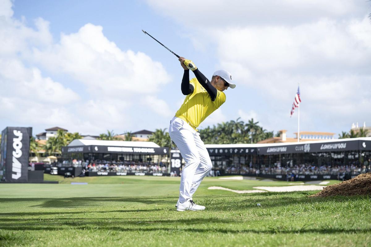 Captain Sergio Garcia of Fireballs GC hits his shot on the 18th hole during the second round of LIV Golf Miami at Trump National Doral on Saturday, April 05, 2025 in Miami, Florida. (Photo by Charles Laberge/LIV Golf via AP)