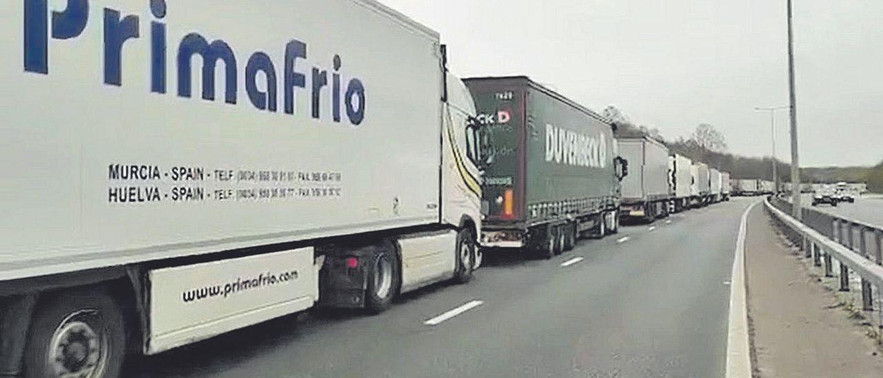 Un camión de la empresa de Alhama Primafrío, en la cola de vehículos.