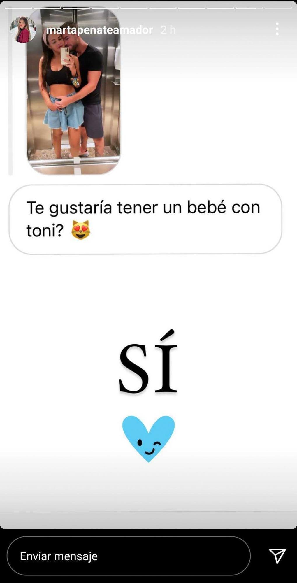 Un story de Marta Peñate sobre la posibilidad de tener un hijo con Tony Spina