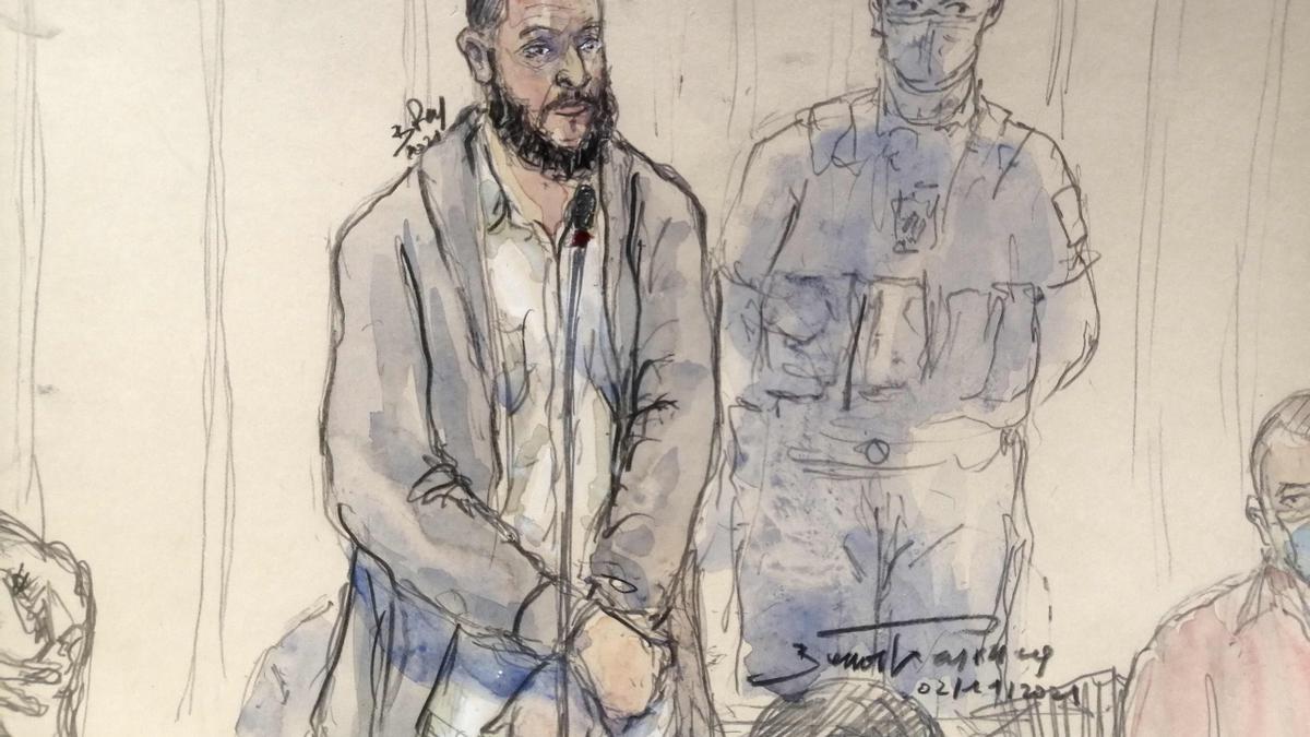 Retrato de Salah Abdeslam, el principal sospechoso de los atentados del 13 de noviembre de 2015 en París, durante el juicio que se celebra en la capital francesa.