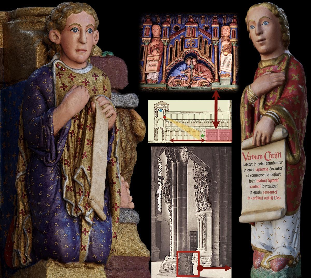 Montaje mostrando la relación entre Mestre Mateo y el coro pétreo que se situaba frente a él en la nave central