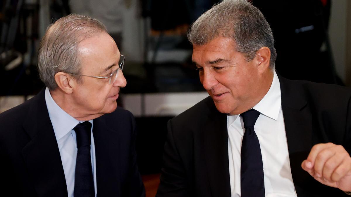 Florentino y Laporta, en Madrid durante un desayuno sobre el futuro de la Superliga europea.