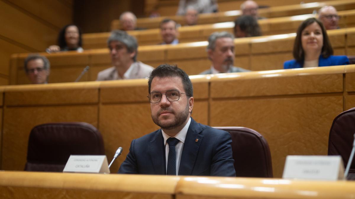El presidente de la Generalitat de Catalunya, Pere Aragonès, durante la reunión de la Comisión General de las Comunidades Autónomas, en el Senado, a 8 de abril de 2024, en Madrid (España). La reunión de la Comisión General de las Comunidades Autónomas ha