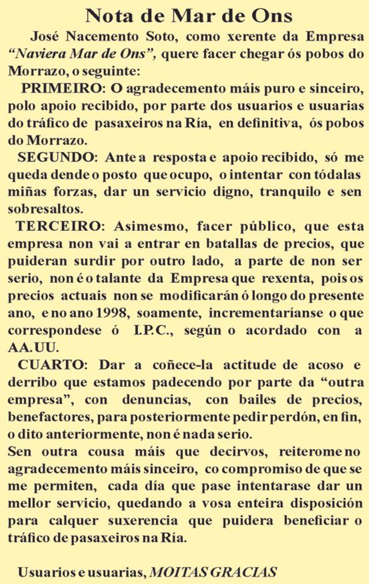 Comunicado da navieira Mar de Ons en setembro de 1997.