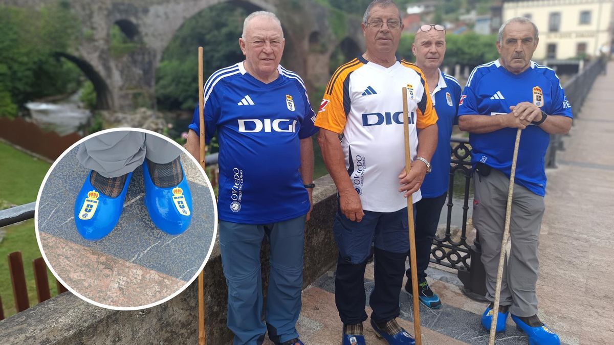 Ángel Pérez Borbolla, Francisco López y José Antonio Bada ante el puente de Cangas de Onís para inmorlizar su hazaña por el Real Oviedo