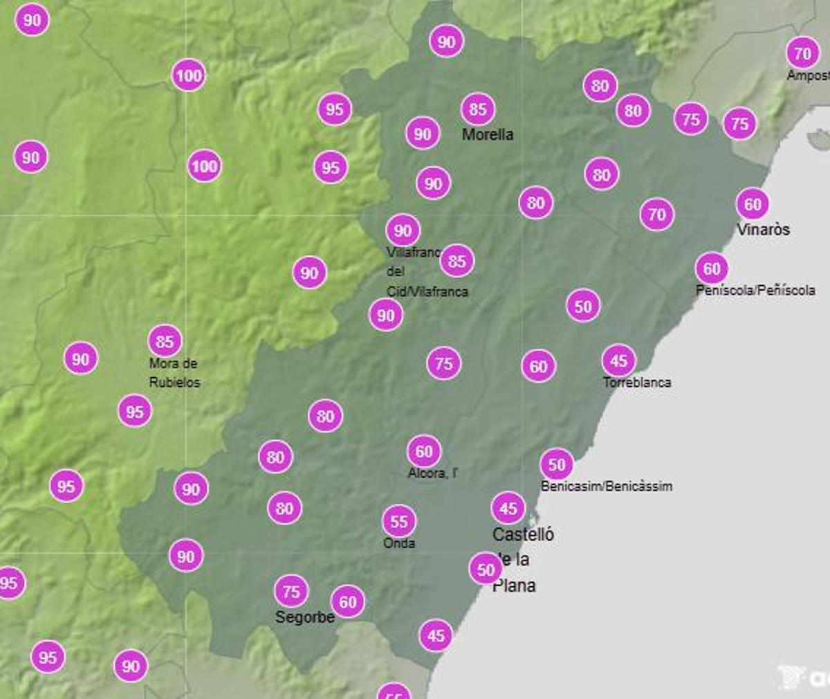 Probabilidad de lluvias en Castellón el domingo, entre las 6.00 y las 12.00 horas.
