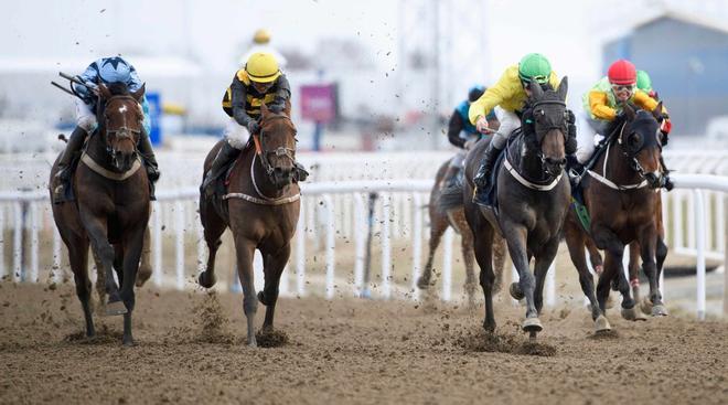 El jockey Andreas Tapia Dalbark (2º R) gana el especial del domingo sobre el caballo Milton en la pista de tierra de 1600 metros durante los días Premium en el hipódromo de Bro Park en Estocolmo, Suecia.