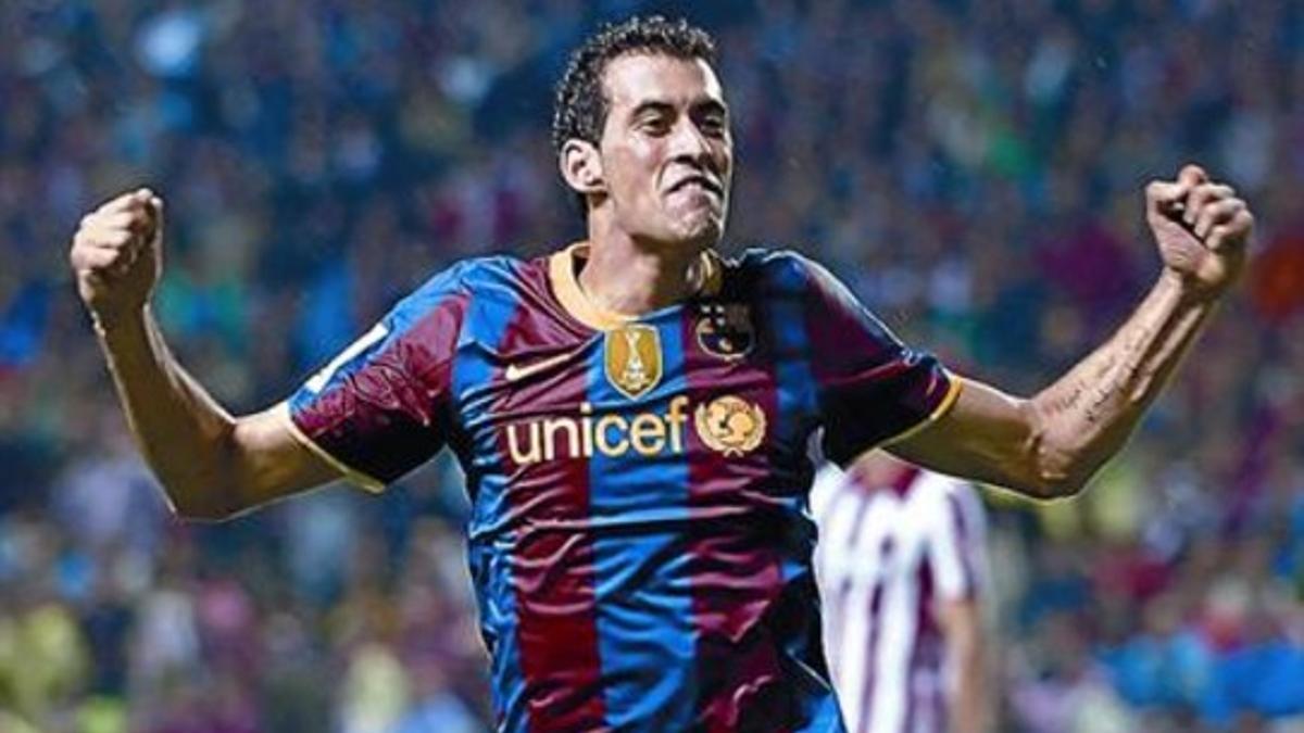 Busquets celebra su gol ante el Athletic, que supuso el 1-3.