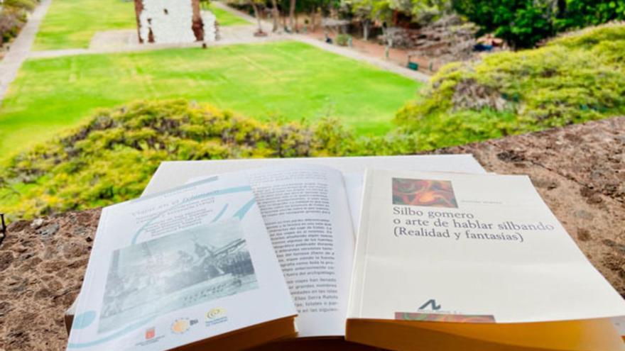 Varios libros de temas locales en el parque de la Torre del Conde.