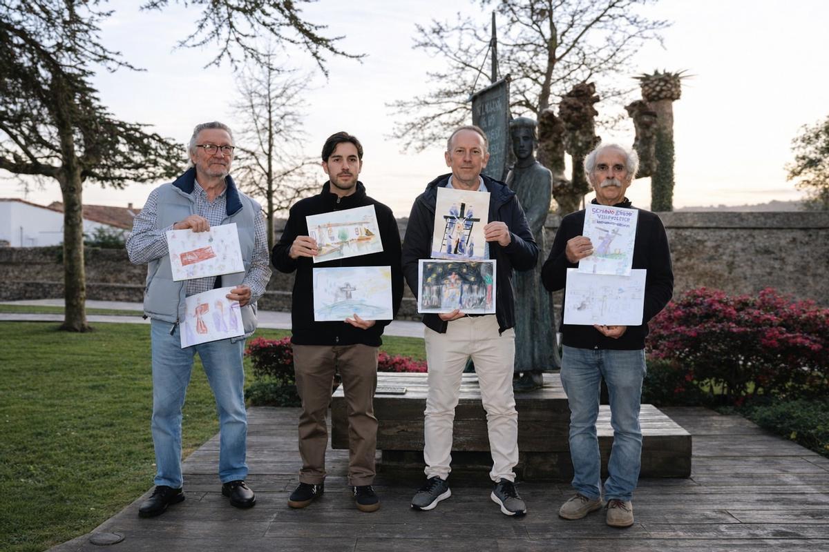 Foto del jurado, con los trabajos ganadores. Por la izquierda, José Manuel Rodríguez, de la Cofradía, con los pintores Alejandro Rodríguez Simón, Guillermo Simón Gallego y José Cuadra Sánchez.