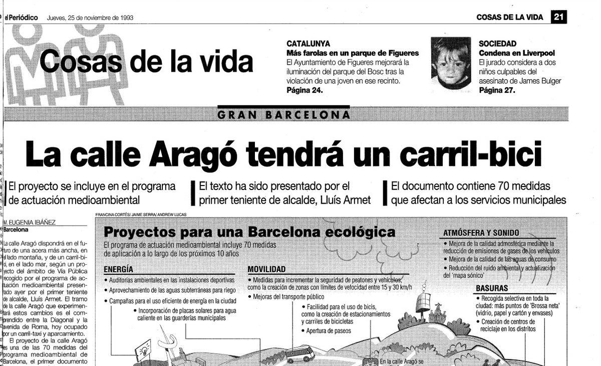 Información del 25 de noviembre de 1993 en la que se daba cuenta del proyecto para instalar un carril bici en la calle de Aragó. Se pintó, pero casi 30 años después