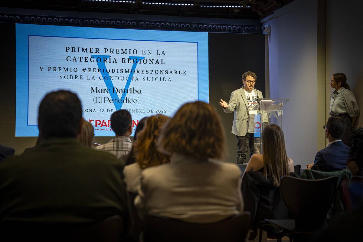 BARCELONA. 13 DE NOCIEMBRE DEL 2025. ENTREGA DE PREMIOS EN PAPAGENOA REPORTAGES SOBRE SUICIDIO Y SALUT MENTAL, AL QUE OPTA MARC DARRIBA DE SANAMENT EN EL PALAU MACAYA. FOTOS DE SANDRA ROMAN