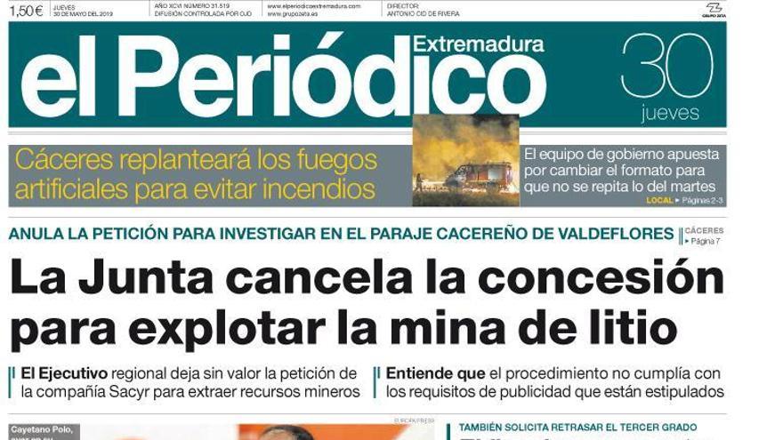 Esta es la portada de EL PERIÓDICO EXTREMADURA correspondiente al día 30 de mayo del 2019