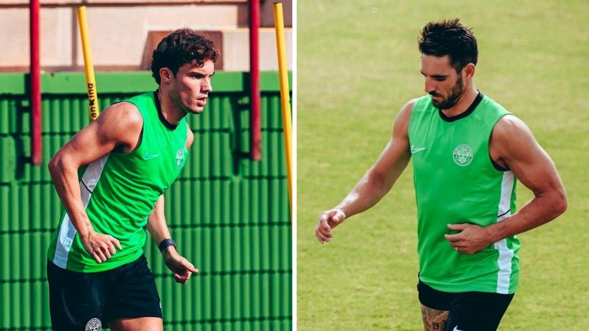 El extremo Yago de Santiago y el defensa central Pedro Bigas, durante un entrenamiento con el Elche.