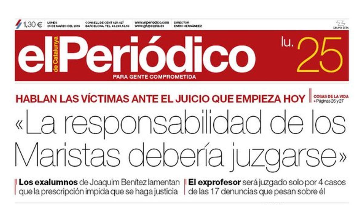 La portada de EL PERIÓDICO del 25 de marzo del 2019