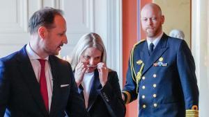 Crown Prince Haakon of Norway (L) and Crown Princess Mette-Marit of Norway attend a reception for the Norwegian athletes from the Paralympics in Milano Cortina 2026 at the Palace on April 10, 2026. (Photo by Lise Åserud / NTB / AFP) / Norway OUT. Norway OUT