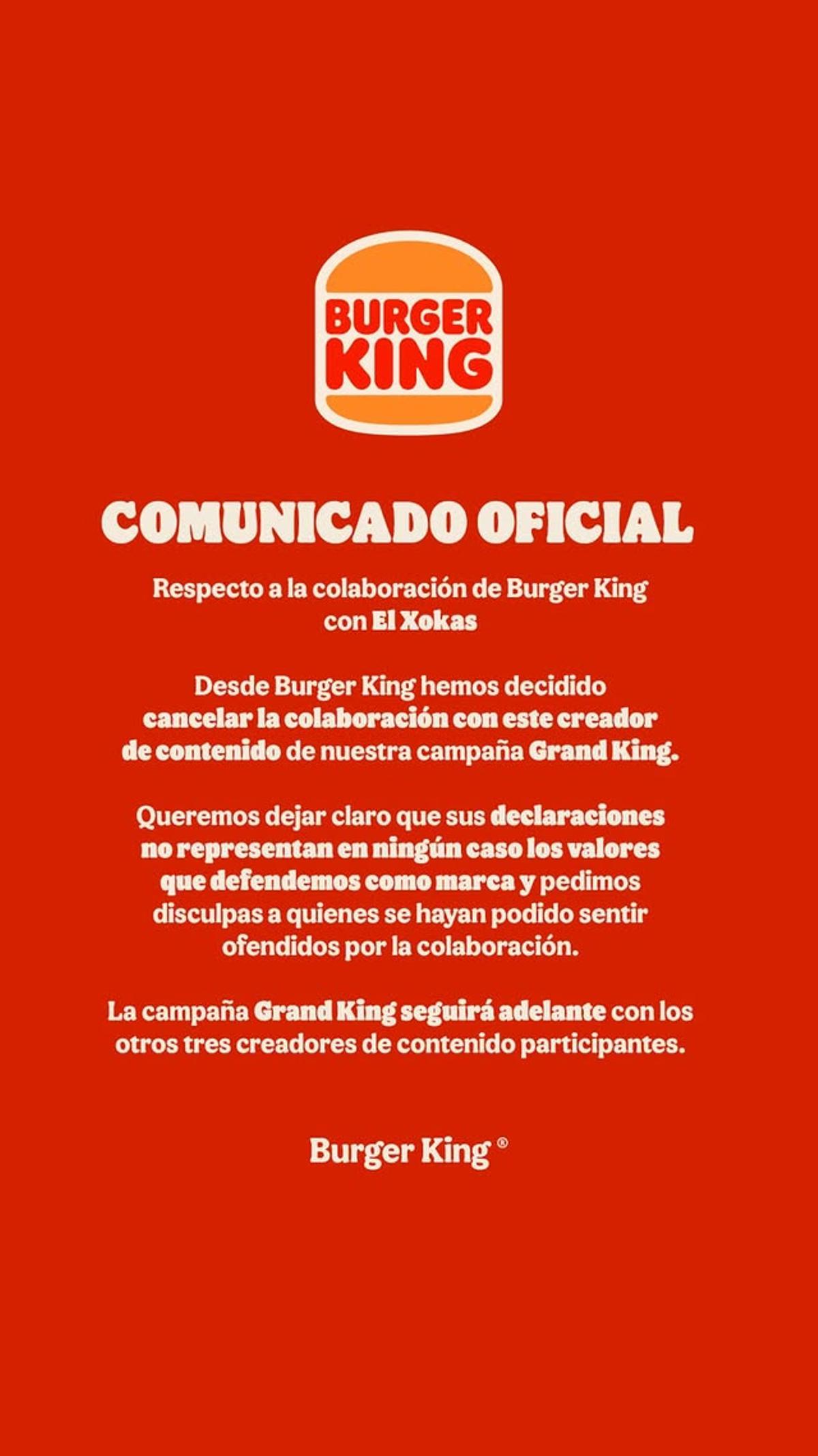 El comunicado de Burger King