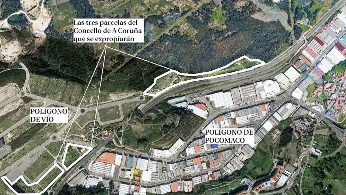 Ubicación de las tres parcelas que le expropiarán al Concello de A Coruña para el acceso al puerto. |   // L.O.