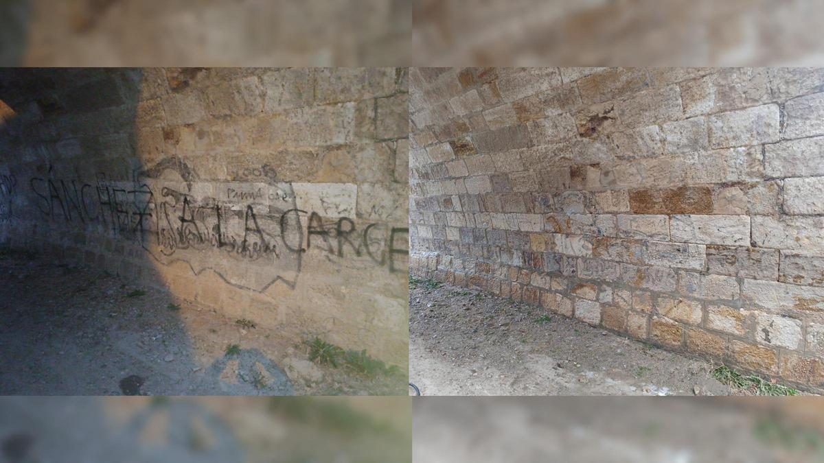 Antes y después de la limpieza de la pintada realizada en el Puente de Piedra.