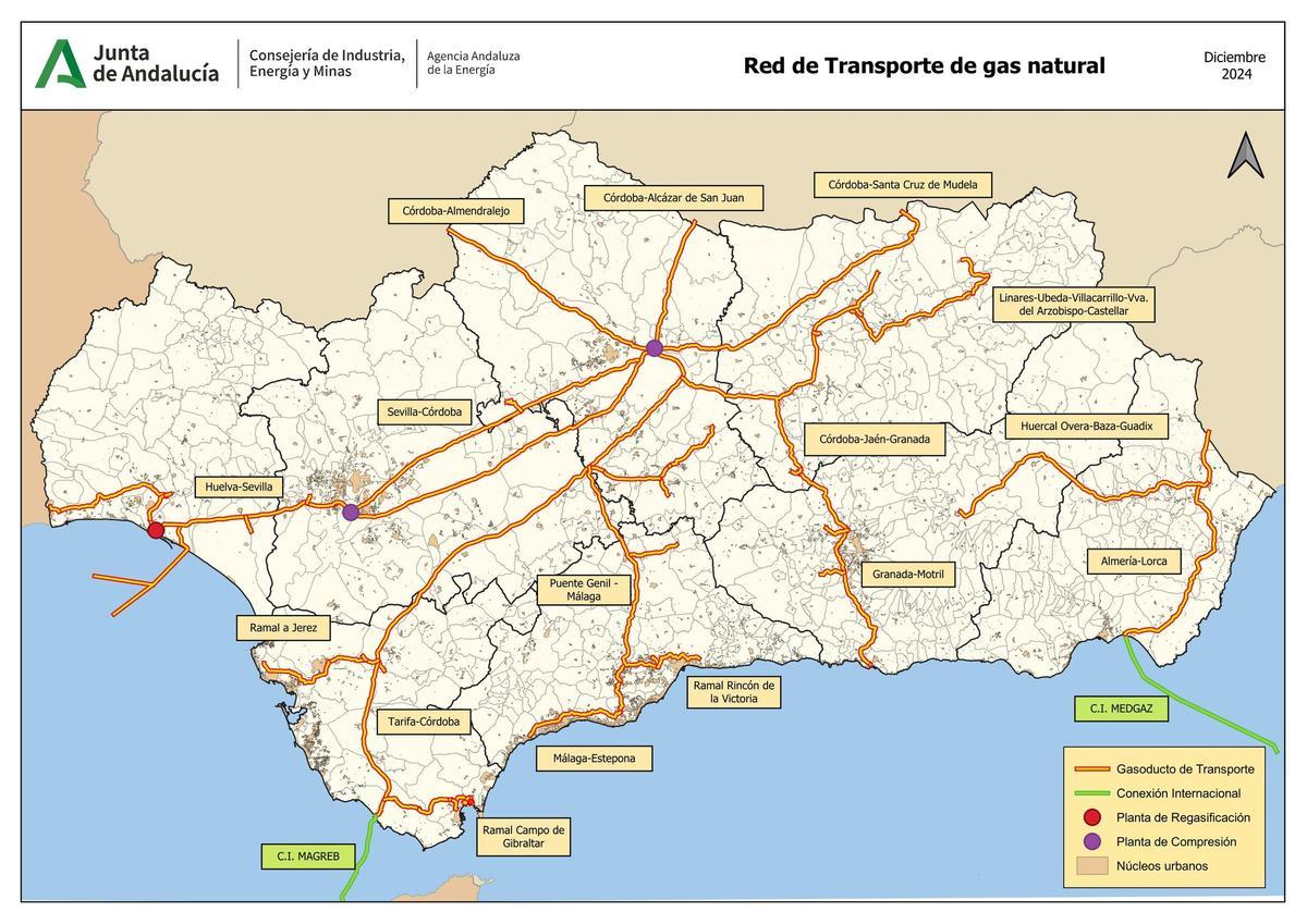 Mapa de gasoductos en la comunidad autónoma elaborado por la Junta; Córdoba está en el centro de la red.