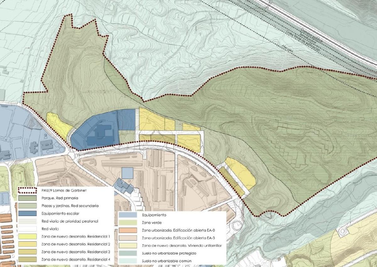 Recreación del futuro proyecto urbanístico con los espacios delimitados en las Lomas de Garbinet.
