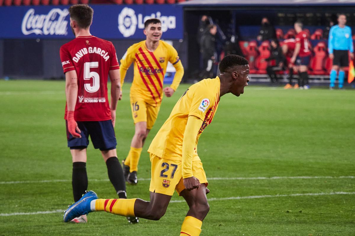 Ilaix Moriba celebra su gol al Osasuna tras asistencia de Messi.