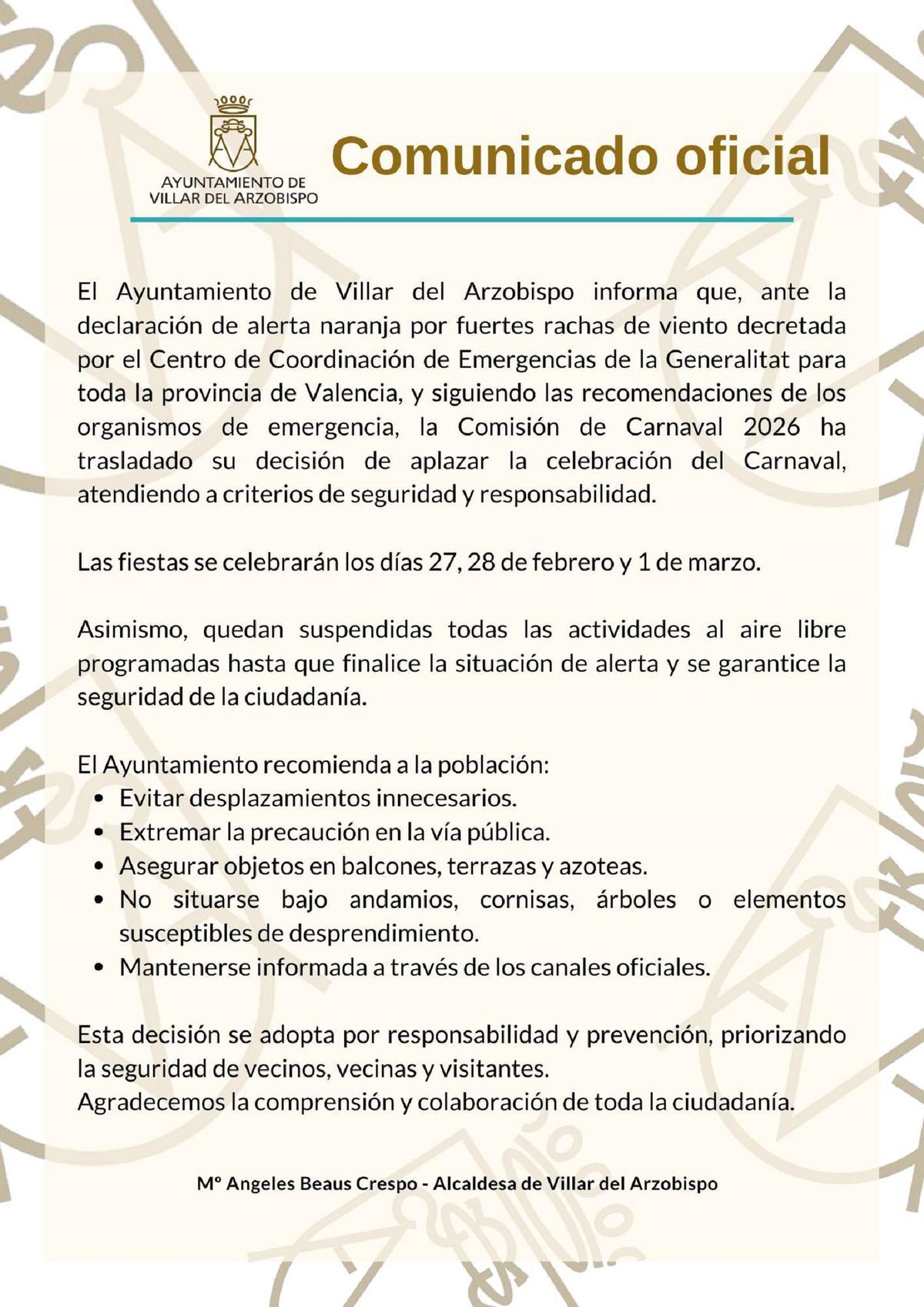 Comunicado oficial del consistorio.