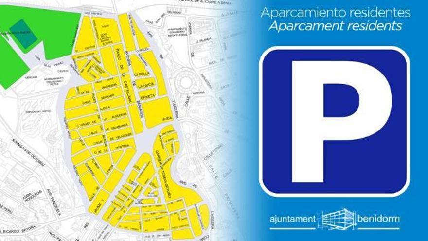Plano de los viales en los que a partir del 15 de marzo solo podrán aparcar los empadronados en Benidorm.