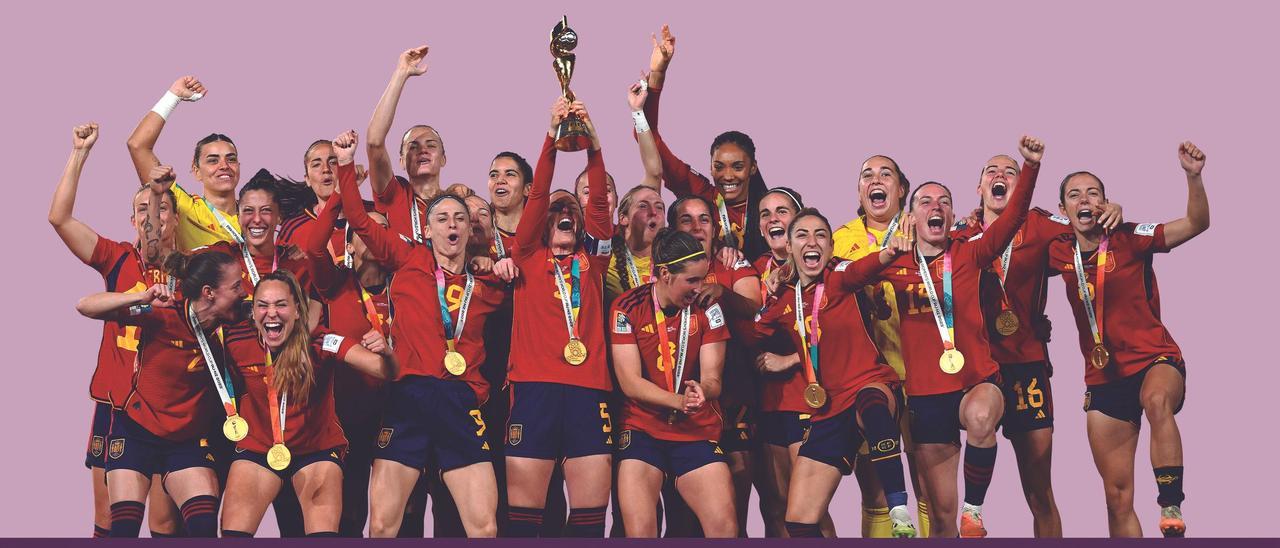 Selección femenina de fútbol de España celebrando su triunfo en el Mundial.