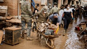 La fotografía que se ve a la derecha del Rey. Militares, vecinos y voluntarios quitan el lodo de las calles de Paiporta nueve días después de la dana.