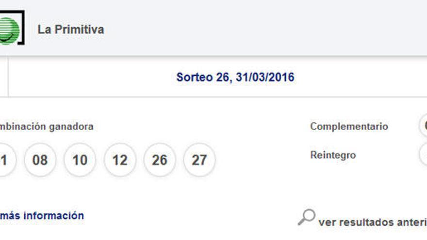 Resultados de la Primitiva del jueves 31 de marzo de 2016