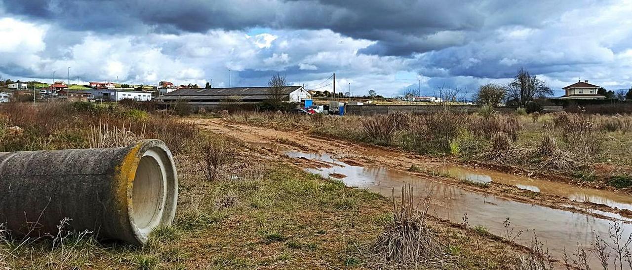 Zona del polígono de Bobes donde se instalará Amazon, con el edificio de la fábrica de lejías que va a ser demolido al fondo. | Sara Arias