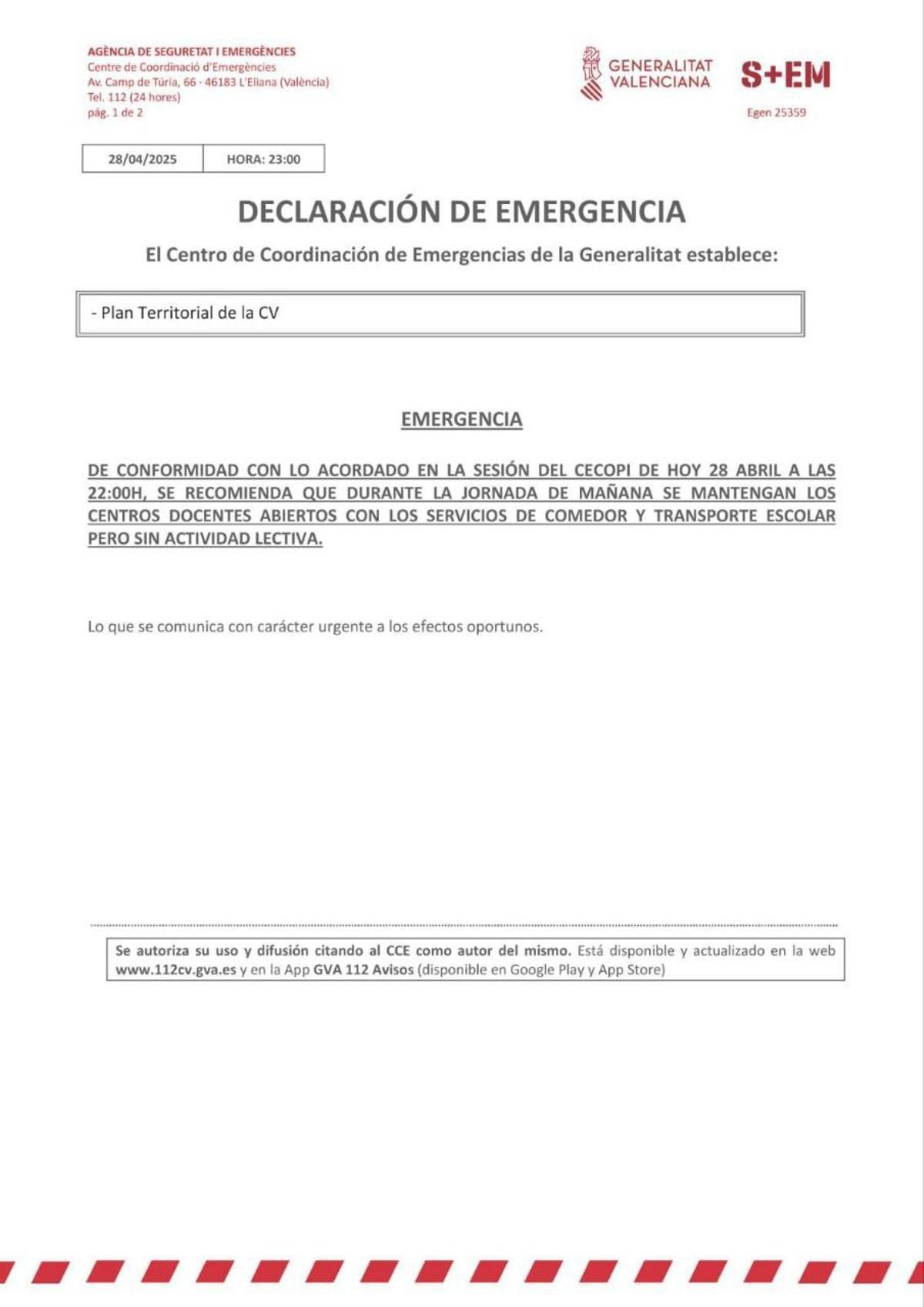 Comunicado del Cecopi de la Generalitat valenciana.