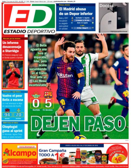 Portadas deportivas lunes 22 de enero de 2018