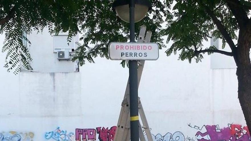 Un cartel que prohíbe la presencia de perros en un jardín de San Pío