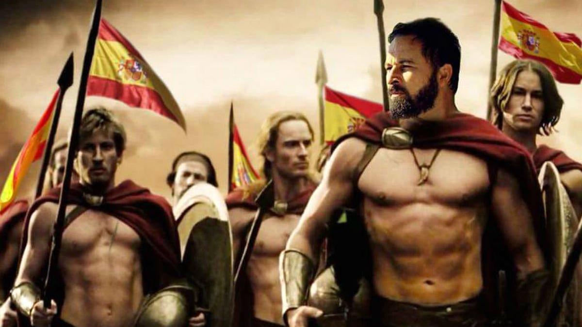 Santiago Abascal caracterizado como un gladiador de la película '300', en un meme de Vox.